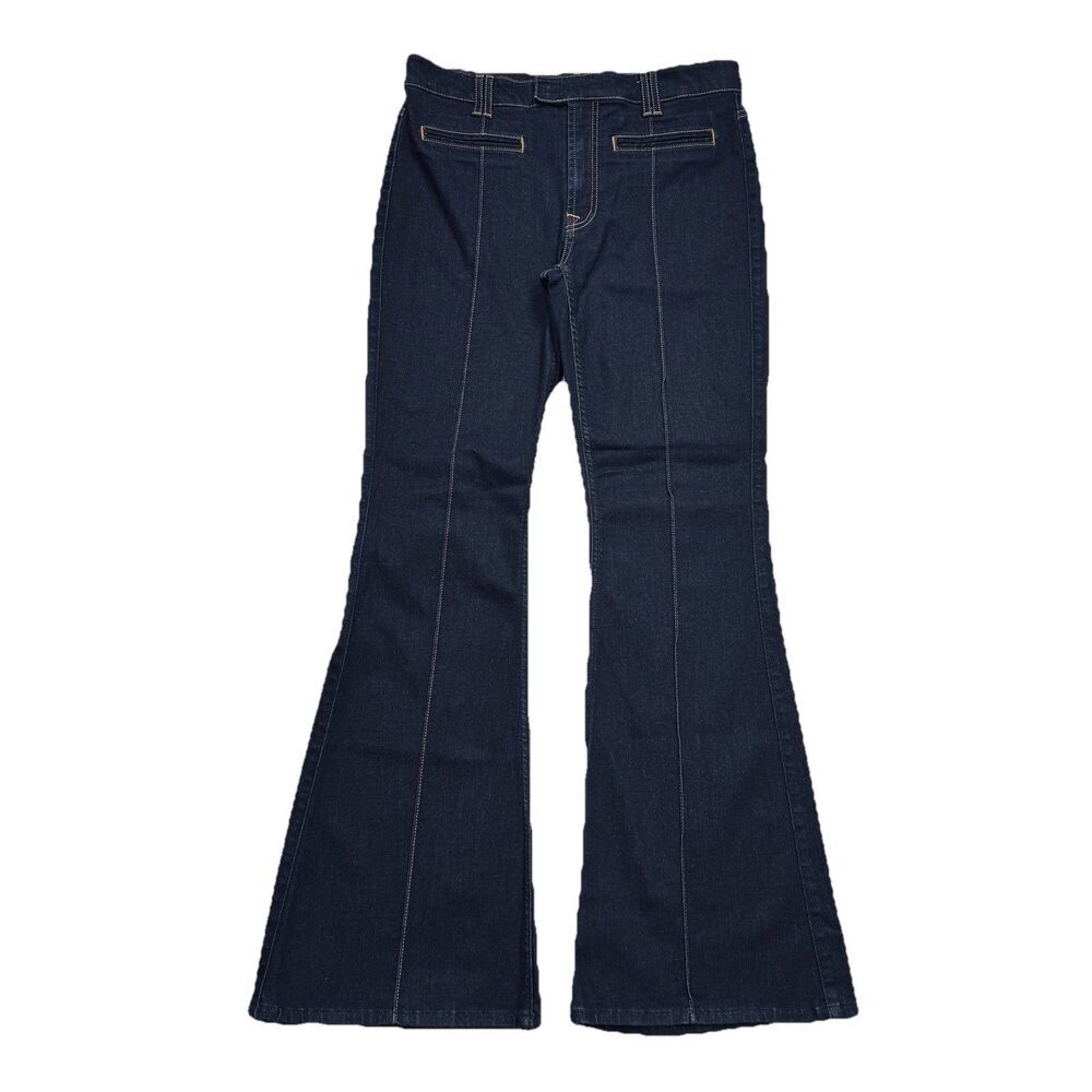7 For All Mankind Pintuck Flare Jeans 32 (31x30.5) Dark Wash Blue Stretch Womens
